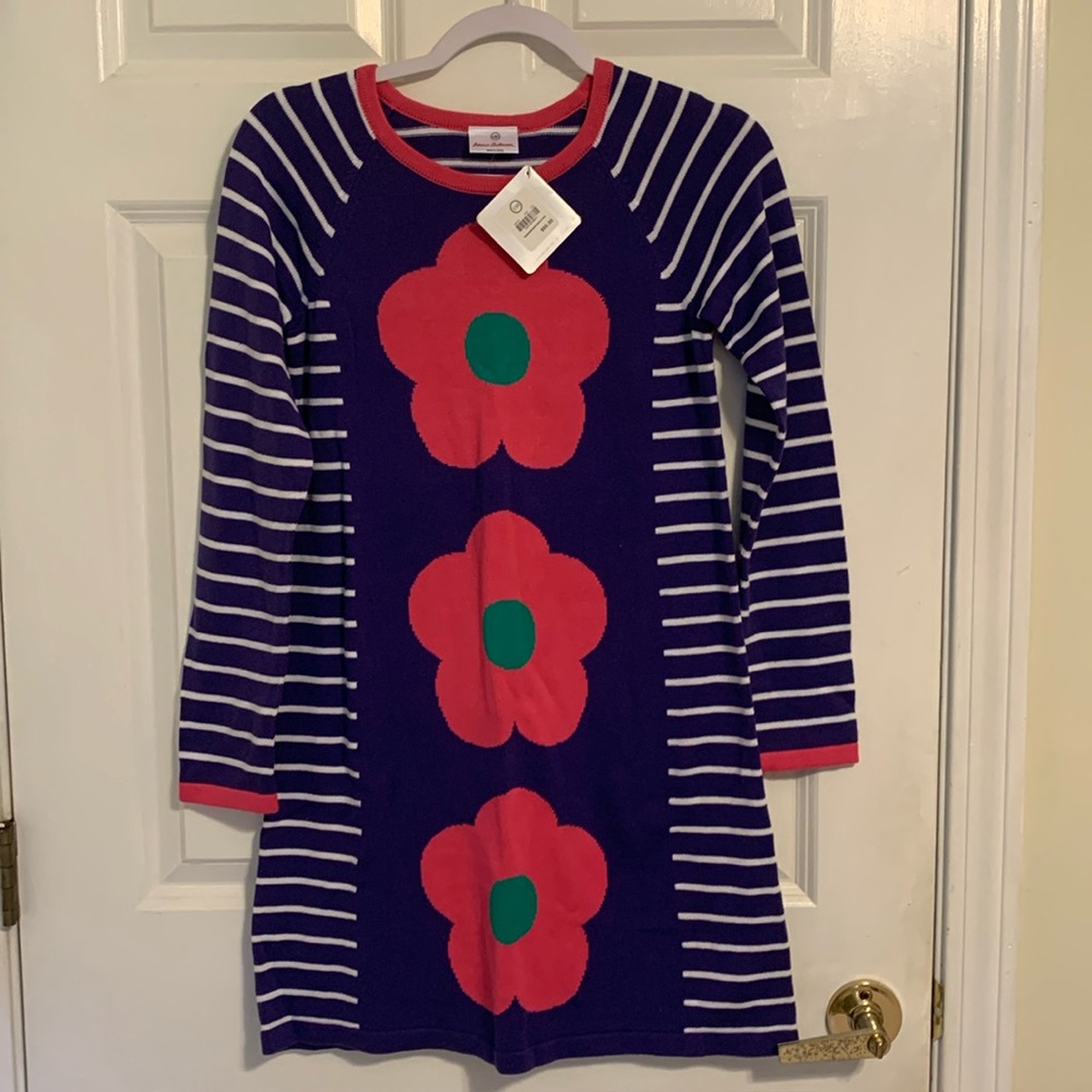 Girl's Hanna Anderson, NWT, purple and white striped dress, European size 150.